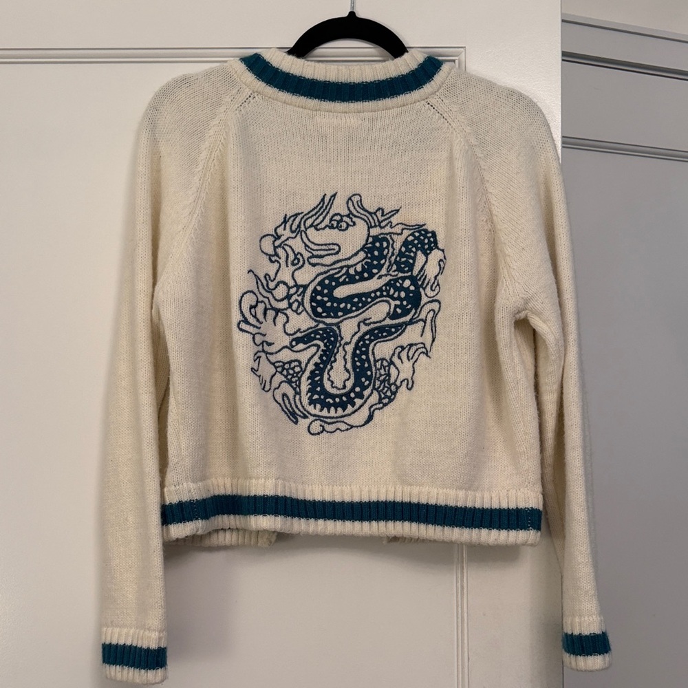 ModCloth Cream Crewneck Sweater with Teal Dragon Embroidery